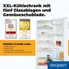 A refrigerator with its door open, showcasing its interior shelves and compartments, alongside marketing badges and text. Produktbild-Vorschau