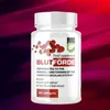 A product shot of a bottle of Blutforde food supplement against a blurred red and purple background. Produktbild-Vorschau