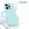 A light blue phone case is shown with water splashing around it, suggesting water resistance. Produktbild-Vorschau