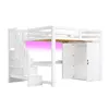 A white loft bed with stairs, a desk, and a wardrobe, shown against a white background. Produktbild-Vorschau
