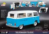 A collage of images showing a blue and white Volkswagen T2b bus model kit, with close-ups of its interior and exterior features. Náhled obrázku produktu