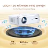 A white projector is shown floating above a speaker with musical notes around it, against a yellow and white background. Produktbild-Vorschau