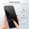 A hand is shown touching the screen of a smartphone, which is displaying a graphic interface. Icons and text describing product features are displayed to the right of the phone. Produktbild-Vorschau