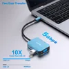 A blue USB-C hub adapter is connected to a laptop, with text highlighting data transfer speeds. Produktbild-Vorschau