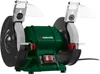 A studio shot of a green and black bench grinder with two grinding wheels. Produktbild-Vorschau