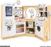 A wooden toy kitchen with various interactive elements and accessories, presented in a bright, clean setting with illustrative overlays. Podgląd zdjęcia produktu