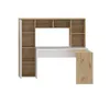 A white and wood-grain L-shaped desk with shelving units. Produktbild-Vorschau