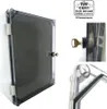 A collage of images showing a white electrical enclosure with a transparent gray door, a close-up of the lock mechanism, and a detail of the enclosure's frame. Produktbild-Vorschau