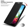 A black flip phone case is shown open, revealing a colorful phone screen. Text describes the magnetic lock closure feature. Produktbild-Vorschau