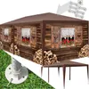 A collage showing a pavilion with a wooden chalet design, including a close-up of a ground stake and a separate image of a smaller, assembled pavilion. Produktbild-Vorschau