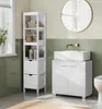 A modern bathroom with white vanity and sink, a tall white storage shelf, and green tiled walls. Produktbild-Vorschau