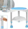 A shower stool with a blue seat and a lower shelf, shown in a bathroom setting. Produktbild-Vorschau