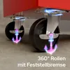 Close-up view of the wheels of a red tool cart, with animated anchors and text indicating features. Produktbild-Vorschau