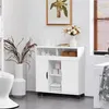 A white bathroom cabinet with doors and shelves is shown in a bathroom setting, next to a toilet. Produktbild-Vorschau