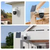 Collage of images showing a Reolink 4K 8MP security camera with a solar panel mounted on different outdoor surfaces of houses. Produktbild-Vorschau