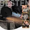 A person is using an angle grinder to cut metal, with sparks flying. There are inset images showing close-ups of the tool and its parts. Náhled obrázku produktu