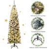 A tall, slender artificial Christmas tree decorated with artificial snow and warm white LED lights, shown with decorative elements and feature callouts. Produktbild-Vorschau