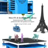 A composite image showing a 3D printer, various 3D printed models, and text promoting a model library. Produktbild-Vorschau