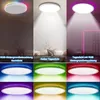 A collage of images showcasing a white LED ceiling light with various lighting effects and colors, set in different room environments and close-ups. Produktbild-Vorschau