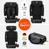 A collage of images showing a black car seat from different angles, including a folded view, with marketing text and icons. Náhľad obrázku produktu