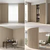 Collage of four images showing different room setups with khaki-colored vertical paneling and curtains. Produktbild-Vorschau
