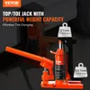 A VEVOR hydraulic jack is shown with text overlays highlighting its features and capacity. Náhled obrázku produktu