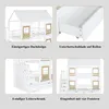 A collage of four images showcasing different features of a white bunk bed with a house-like roof design and wooden accents. Náhľad obrázku produktu