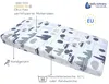 A fitted sheet with a retro car pattern, displayed on a white background with informational text and logos. Produktbild-Vorschau