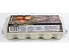 A carton of 10 brown eggs with a label showing a rustic wooden background and straw. Produktbild-Vorschau