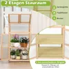 A wooden greenhouse with plants on shelves, with text overlays highlighting features. Náhled obrázku produktu