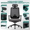A collage showcasing an ergonomic office chair with various features highlighted by callout boxes and text. Produktbild-Vorschau