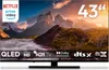 A television screen displaying a mountain landscape, with various logos and text overlays indicating product features. Produktbild-Vorschau