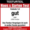 A test review badge for a fondue set from Haus & Garten Test, indicating a 'good' rating with an endnote of 1.6. Podgląd zdjęcia produktu
