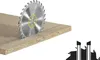 A circular saw blade is shown partially embedded in a piece of particle board. Produktbild-Vorschau