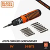 A Black+Decker cordless screwdriver with a set of bits, presented on a white background with marketing text and logos. Produktbild-Vorschau