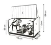 A line drawing illustration of a storage box with its lid open, showing a bicycle, a chair, and a storage bin inside. Dimensions are indicated with text and arrows. Náhľad obrázku produktu