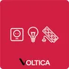 A red background with white line art icons of an electrical outlet, a lightbulb, and a power strip with a plug. The brand name "VOLTICA" is at the bottom. Produktbild-Vorschau