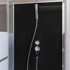 A close-up view of a modern shower cabin with a black back panel and a silver shower head and controls. Produktbild-Vorschau