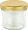 A clear glass jar with a gold lid. Podgląd zdjęcia produktu