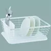 A white wire dish rack with white plates and cutlery. Náhled obrázku produktu