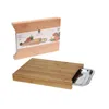 A bamboo cutting board with a sliding stainless steel tray is shown, along with its packaging. Náhľad obrázku produktu