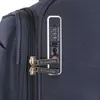 A close-up of a dark blue suitcase showing the combination lock and zipper pulls. Produktbild-Vorschau