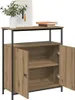 A wooden sideboard with two doors open, revealing shelves inside. A framed picture and a vase with greenery are on top. Voir les images du produit