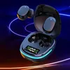 A pair of black wireless earbuds and their charging case are displayed against a dark background with neon blue and orange light streaks. Produktbild-Vorschau