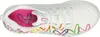 Top-down view of a white sneaker with colorful heart-shaped graphics and a pink insole. Voir les images du produit