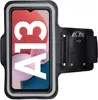 A black sport armband for a smartphone, displaying the phone screen with the text "A13" and some colorful graphics. Produktbild-Vorschau