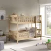 A child's bedroom with a wooden bunk bed, toys, and a window view. Produktbild-Vorschau