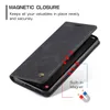 A black flip phone case is shown open, revealing a smartphone inside. Text overlays describe the magnetic closure feature. Produktbild-Vorschau