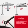 A collage showing a Lehmann garden umbrella in different positions and a close-up of its crank mechanism, along with marketing text. Produktbild-Vorschau