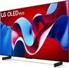 A television screen displaying abstract, colorful shapes on a red background, with the LG OLED evo logo visible. Produktbild-Vorschau